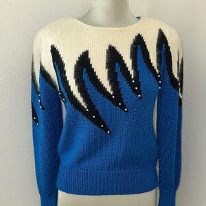 Vintage Susann d angora blend blue white black silver stud sweater small s